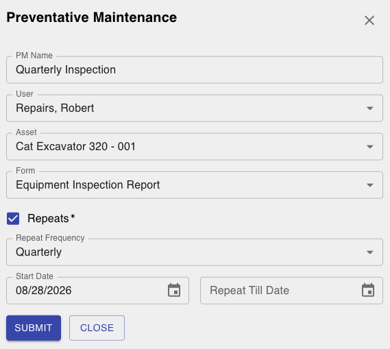LinkStep preventive maintenance schedule on an asset record